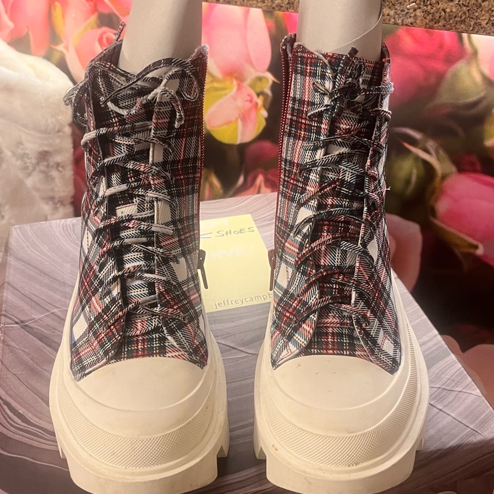 Jeffrey Campbell Red and Black Plaid Lace Up Boots